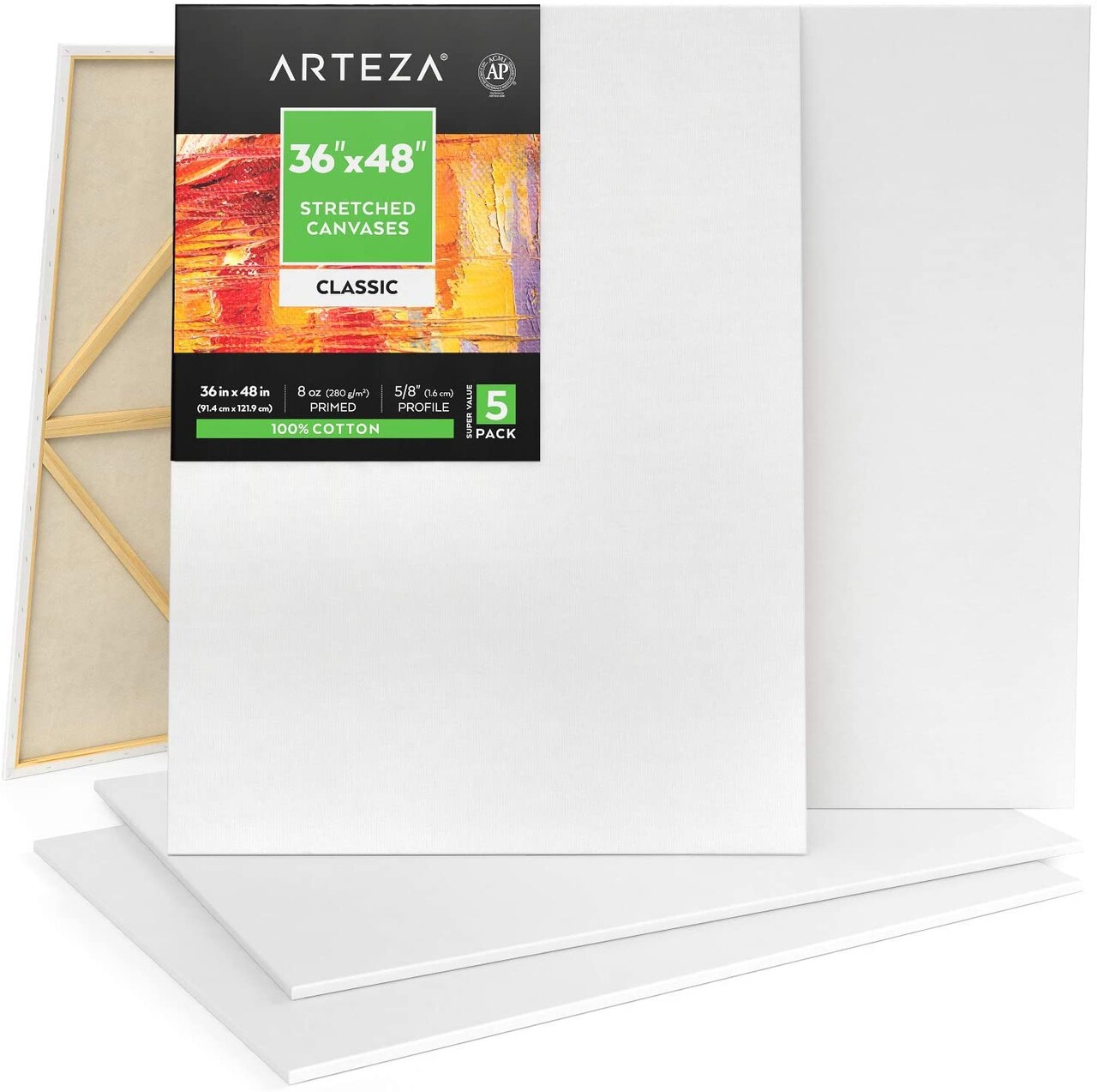 Arteza Stretched Canvas Value Pack, Classic, 36" x 48", Blank Canvas Boards for Painting - 5 Pack